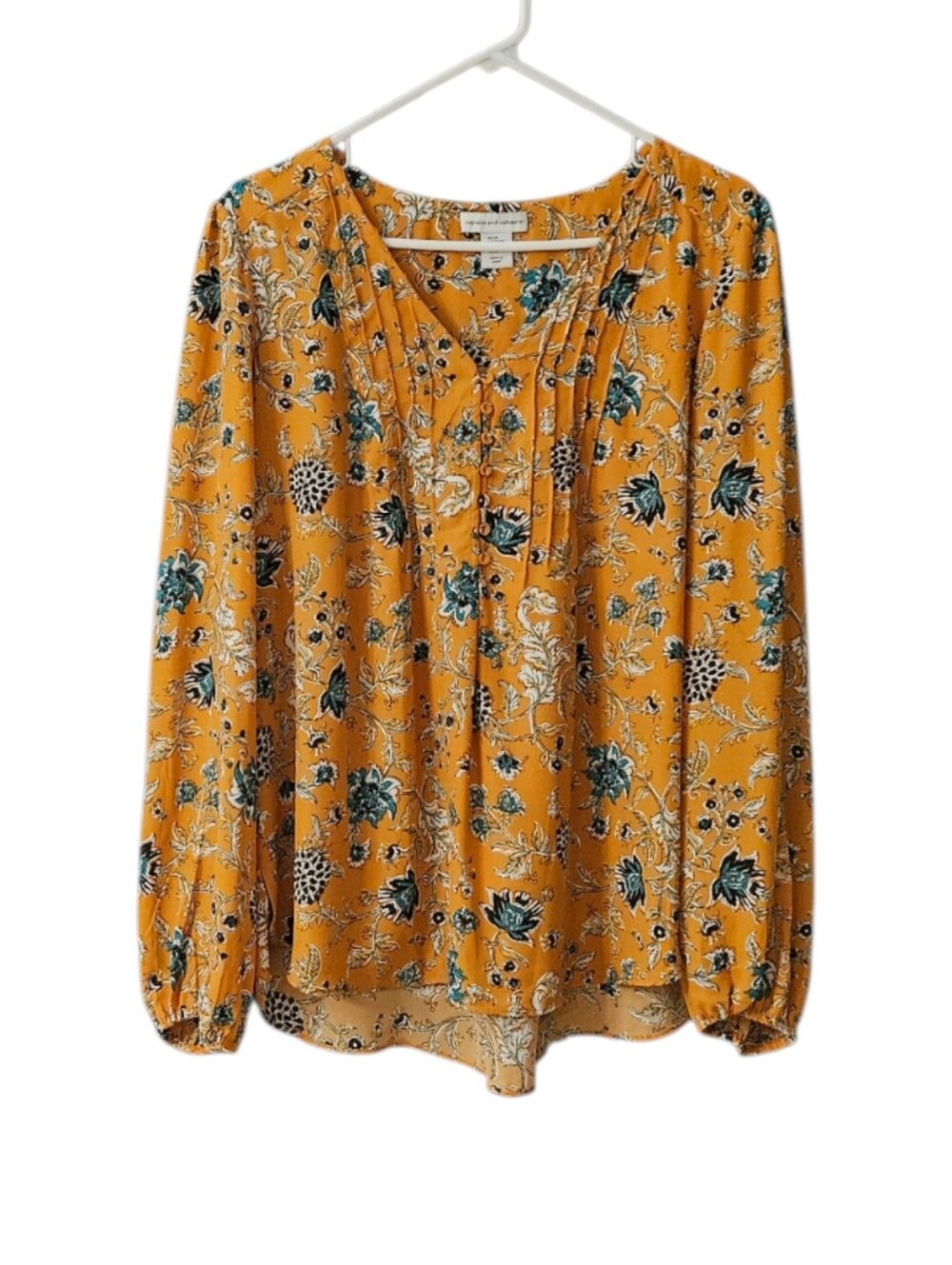 Cupcakes & Cashmere Mustard Floral Pintuck Peasant Blouse V-Neck Women XL Flowy